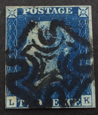 Gb: 1840 Two Pence Stamp Deep Blue Pl 1 Rare 4 Margins