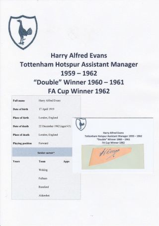 Harry Evans Tottenham Hotspur Asst Mgr 1959 - 62 Very Rare Signed Cutting