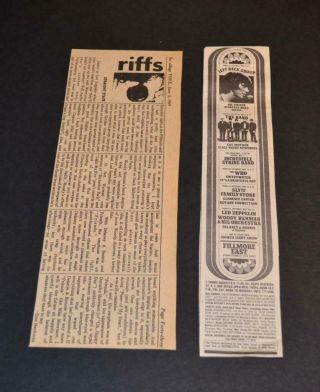 Led Zeppelin The Who 1969 Fillmore East Concert Ad With Rare Concert Review