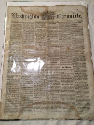 Rare 1865 Civil War Washington Chronicle Newspaper