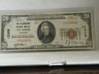 1929 $20 The Telegraphers National Bank Of St.  Louis Missouri Low 000680 Rare 2