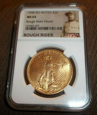 1908 No Motto $20 Gold Double Eagle St Gaudens Ngc Ms 64 Rare Rough Rider Hoard