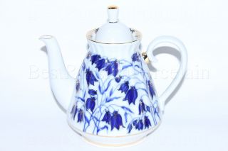 Russian Imperial Lomonosov Porcelain Teapot Bluebells Russia 22k Gold Rare Bells