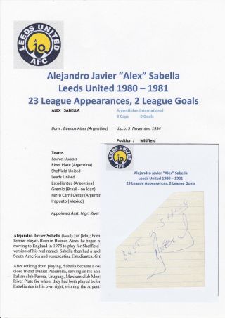 Alex Sabella Leeds United 1980 - 1981 Rare Autograph Cutting/card