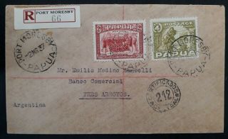 Very Rare 1937 Papua Registd Cover Ties 2 Stamps To Tres Arroyos Argentina