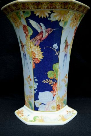 Very Rare Large 10 1/2 Inch Spode Java Vase Lt Blue & Cobalt With Hummingbirds
