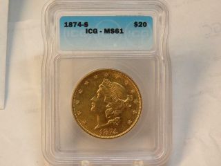 1874 S $20 Gold Double Eagle Icg Ms61 Rare Date