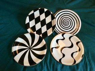Set Of 4 Rare Funky Black And White Dishes By Lotus 2004 Perfect
