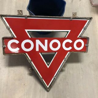 Rare 1930’s Conoco Gas Oil Porcelain Double Sided Advertising Sign With Frame