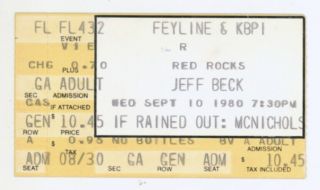 Rare Jeff Beck & The Kings 9/10/80 Red Rocks Co Ticket Stub Denver
