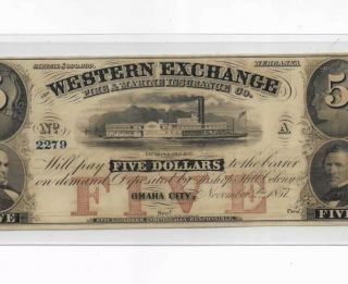 1800s $5 Western Exchange " Obsolete Note Crispy Rare