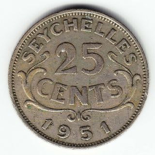 Seychelles 25 Cents 1951 Km9 Cu - Ni 1yr Type Gvi Above Average Minted 36,  000 Rare