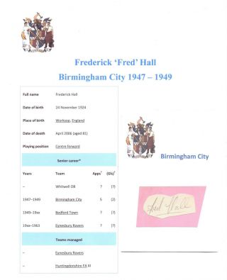 Fred Hall Birmingham City 1947 - 1949 Rare Orig Hand Signed Cutting/card