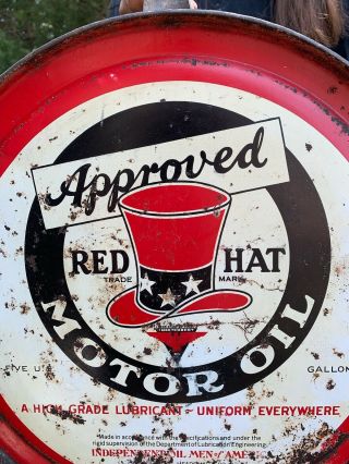 Rare Vintage 1920 ' s Red Hat Motor Oil 5 Gallon Metal Rocker Can Gas Station Sign 2