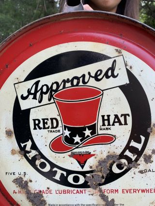 Rare Vintage 1920 ' s Red Hat Motor Oil 5 Gallon Metal Rocker Can Gas Station Sign 6
