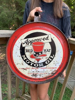 Rare Vintage 1920 ' s Red Hat Motor Oil 5 Gallon Metal Rocker Can Gas Station Sign 8