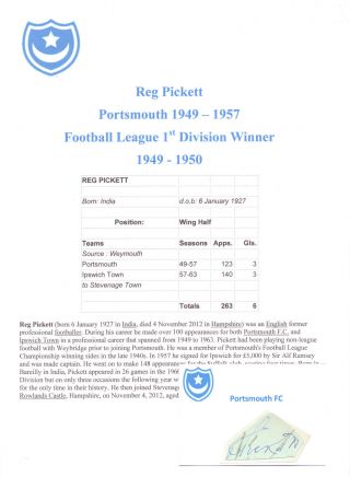 Reg Pickett Portsmouth 1949 - 1957 Rare Hand Signed Cutting/card