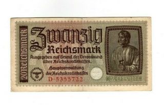 Xxx - Rare 20 Reichsmark 3 Reich Nazi Banknote Ww Ii V F Con Swastika