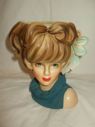 Rare Lady Head Vase/Planter,  Relpo K1635,  Japan Teal Dress Ruffled Collar Bow 2
