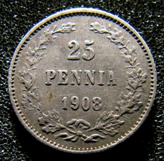 25 Pennia 1908 L Russian Finland Vf Silver Pretty Rare Coin Km 6.  2 Mintage 340k
