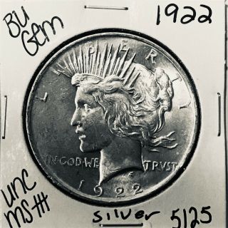1922 P Bu Gem Peace Silver Dollar Unc Ms,  U.  S.  Rare Coin 5125