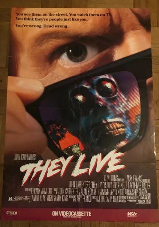 Rare “they Live” 1980s Vhs Release Movie Poster 27 X 36
