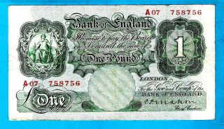 Ex Rare First Series " A07 758756 " England B212 1 Pound C P Mahon 22.  11.  28 Vf,
