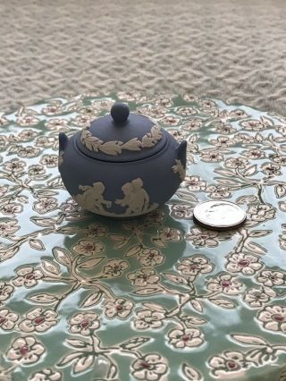 Wedgwood Miniature Mini Blue Jasperware Sugar Bowl With Lid Rare Discontinued