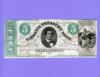 1862 $5 Virginia Treasury Note Richmond Va.  Rare Civil War Crisp Note