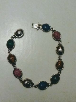 Rare Wk,  Whitney Kelly 925 Sterling Gemstones Egyptian Revival Scarab Bracelet