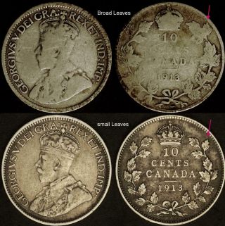 Canada 1913 10 Cent Broad Leaves.  A Fairly Rare Sterling Silver Coin