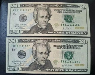 $20 FRN Fancy Near Solid & binary serial number Uncirculated & consecutive RARE 2
