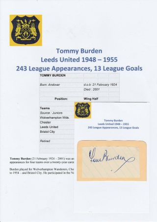 Tommy Burden Leeds United 1948 - 1955 Rare Hand Signed Cutting/card