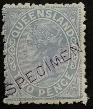 Rare 1882 - Queensland Australia 2d Blue 2nd Sideface Stamp Specimen O/p