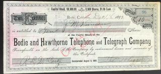 Bodie & Hawthorne Telephone & Telegraph Co Stock 1892 Bodie,  Ca.  J.  S.  Cain.  Rare