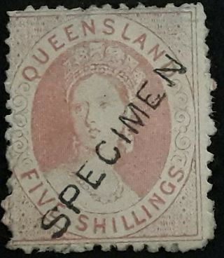Rare 1867 - Queensland Australia 5/ - Pale Rose Chalon Head Stamp Specimen