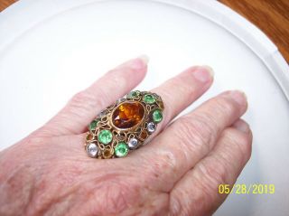Gorgeous Rare Early Filigree Wirework Jewel Encrusted Ring - Hobe Unsigned
