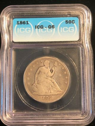 1861 Seated Liberty Half Dollar 50 Cents Icg Graded G6 Rare Type Coin