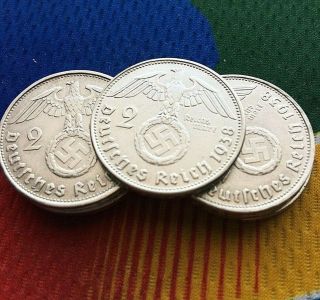 1938 B 2 Mark German Wwii Silver Coin (1) Third Reich Swastika Reichsmark Rare