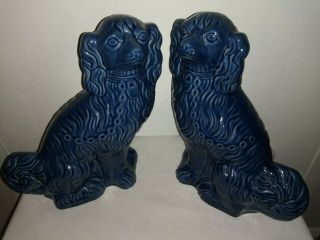 Rare Solid Blue Staffordshire Spaniel Figurines Made In England By Arthur Wood