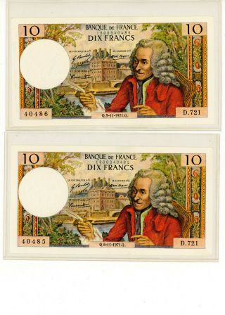 Rare 10 Francs Voltaire 1971 Unc 4 Consecutive Notes 40483 - 40486