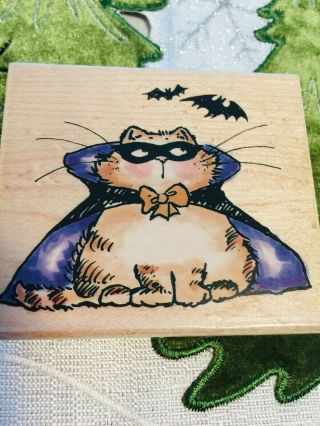 Rare Spooktacular Halloween Cat " Pesky Bats " Great Rubber Stamp By Penny Black