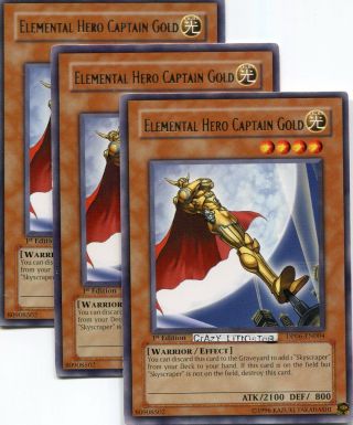 3 X Yu - Gi - Oh Elemental Hero Captain Gold 1st Ed Silver Rare N/mint Dp06 - En004