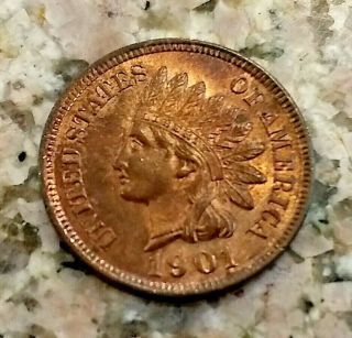 RARE 1901 U.  S INDIAN HEAD PENNY CLEAR SHARP DETAILS RD RED COLOR N/R 3