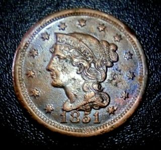 Rare Au - Bu 1851 Large Cent Braided Hair Penny Type Coin Cartwheel Rainbow Tone