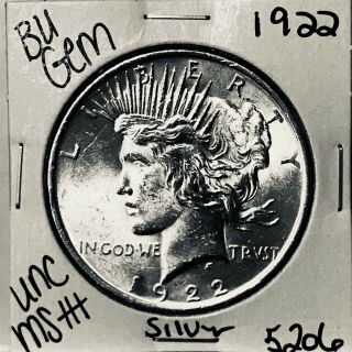 1922 P Bu Gem Peace Silver Dollar Unc Ms,  U.  S.  Rare Coin 5206