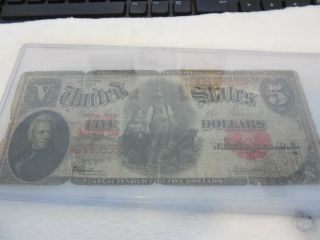 RARE 1907 RED SEAL ANDREW JACKSON LARGE 5 DOLLAR U.  S.  CURRENCY NOTE. 7