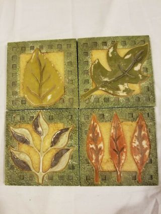 Rare Set Of 4 Leaf Table Drink Coasters Leaves Ceramic Coaster Multi Color