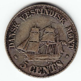 Danish West Indies 5 Cents 1859 Km65 Ag.  625 1yr Type Tall Ship - Rare