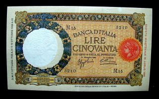 1933 Italy Rare Banknote Lupa 50 Lire Xf Variety Error First Date